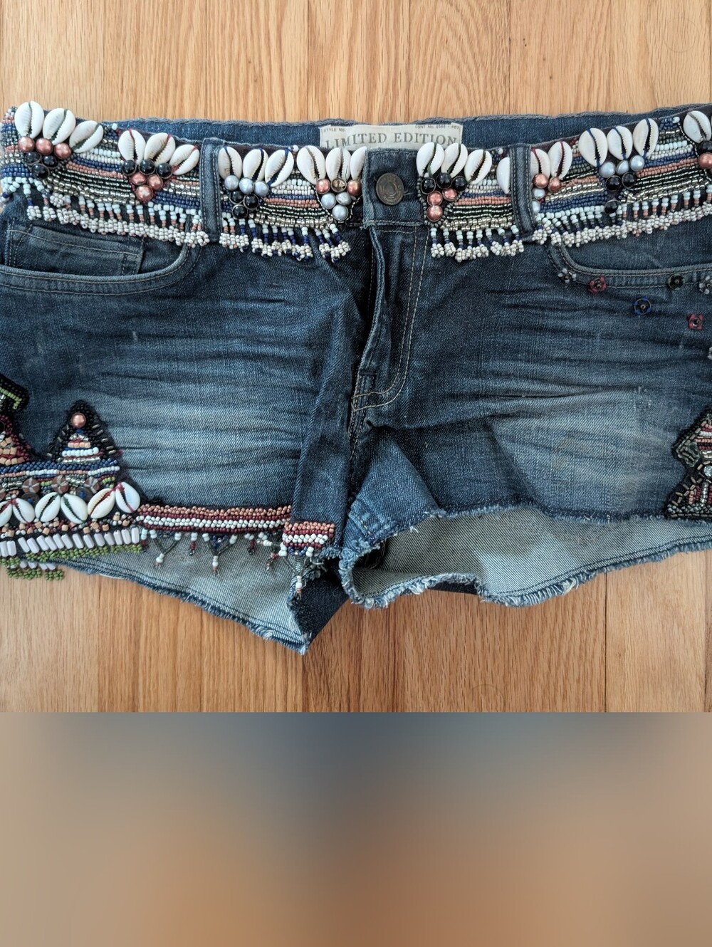 All Saints Beaded Embellished Dark Wash Denim Shorts